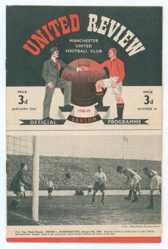 The Manchester Derby. Manchester United v Manchester City. Season 1948/49. League Division 1. Original official programme for the League match played at Maine Road on the 22nd January 1949. Issue no. 14. The match was drawn 0-0. No annotations to pages. R