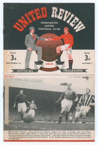 The Manchester Derby. Manchester United v Manchester City. Season 1949/50. League Division 1. Original official programme for the League match played at Old Trafford on the 3rd September 1949. Issue no. 3. Manchester United won 2-1. Scores and other annot