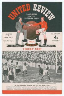 The Manchester Derby. Manchester United v Manchester City. Season 1951/52. League Division 1. Original official programme for the League match played at Old Trafford on the 19th January 1952. Issue no. 15. The match was drawn 1-1. No annotations to pages.