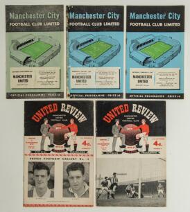 The Manchester Derby. Manchester City v Manchester United. Seasons 1955/56 & 1956/57. League Division 1 and Charity Shield. Five original official &lsquo;home&rsquo; and &lsquo;away&rsquo; programmes for League matches played at Maine Road 3rd September 1955 (Vol. 50 no. 3), 2nd