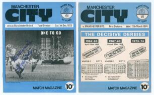 The Manchester Derby. Manchester City v Manchester United. Season 1973/74. Rare original official &lsquo;home&rsquo; programme for the postponed League Division 1 match to have been played at Maine Road 1st December 1973, signed in blue ink to the front wrapper by Fr