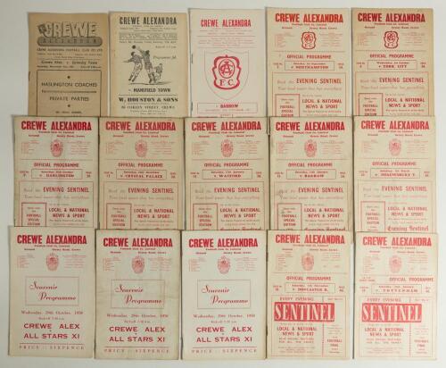 Crewe Alexandra F.C. 1955/56-1967/77. A selection of twenty official programmes for League, F.A. Cup and friendlies. League &lsquo;home&rsquo; matches are for seasons 1955/56 (Qty 1), 1956/57 (1), 1957/58 (1), 1958/59 (7), 1959/60 (2 including F.A. Cup 4th Round v To