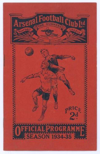 England v Italy 1934/35. &lsquo;The Battle of Highbury&rsquo;. Early official programme for the iconic &lsquo;friendly&rsquo; international played at Highbury 14th November 1934. Vol. XXIII, No. 15. No annotations. Slight rusting to staples, otherwise in good/ very good conditio