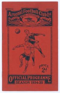 England v Italy 1934/35. &lsquo;The Battle of Highbury&rsquo;. Early official programme for the iconic &lsquo;friendly&rsquo; international played at Highbury 14th November 1934. Vol. XXIII, No. 15. No annotations. Slight rusting to staples, otherwise in good/ very good conditio