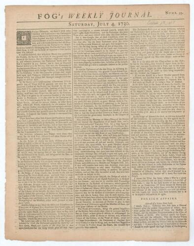 &lsquo;Fog&rsquo;s Weekly Journal&rsquo; 1730. Original early four page tabloid-size newspaper for Saturday 4th July 1730. Printed by J. Wilford near St. Paul&rsquo;s, London. Page 3 column 1 features a ten line report on a cricket match. &lsquo;On Monday last a great Cricket Match wa