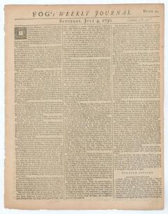 &lsquo;Fog&rsquo;s Weekly Journal&rsquo; 1730. Original early four page tabloid-size newspaper for Saturday 4th July 1730. Printed by J. Wilford near St. Paul&rsquo;s, London. Page 3 column 1 features a ten line report on a cricket match. &lsquo;On Monday last a great Cricket Match wa