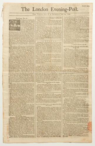 &lsquo;The London Evening-Post&rsquo; 1746. Early original four page broadsheet newspaper for Tuesday 8th July to Thursday 10th July 1746. Printed by J. Meres, Ludgate, London. Column 2 on the back page features a fourteen line article announcing a cricket match to b