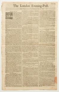 &lsquo;The London Evening-Post&rsquo; 1746. Early original four page broadsheet newspaper for Tuesday 8th July to Thursday 10th July 1746. Printed by J. Meres, Ludgate, London. Column 2 on the back page features a fourteen line article announcing a cricket match to b