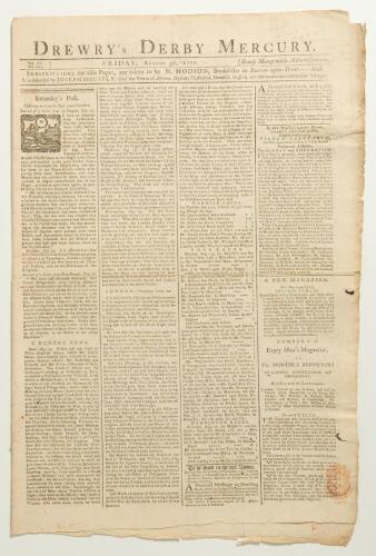 &lsquo;Drewry&rsquo;s Derby Mercury&rsquo; 1771. Early original four page broadsheet newspaper for Friday 30th August 1771. Printed and sold by J. Drewry of Derby. The newspaper features two cricket references, one on page 2 column 4, five lines, &lsquo;On Tuesday and Wednesday 