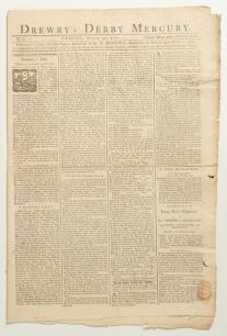 &lsquo;Drewry&rsquo;s Derby Mercury&rsquo; 1771. Early original four page broadsheet newspaper for Friday 30th August 1771. Printed and sold by J. Drewry of Derby. The newspaper features two cricket references, one on page 2 column 4, five lines, &lsquo;On Tuesday and Wednesday 