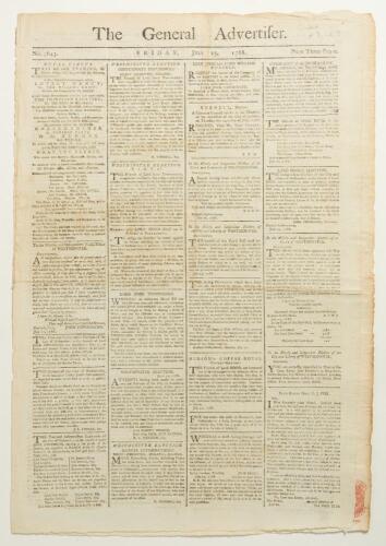 &lsquo;The General Advertiser&rsquo; 1788. Early original four page broadsheet newspaper for Friday 25th July 1788. Printed by J. Almon of Fleet Street, London. Page 3 column three features an article describing &lsquo;The Match of Cricket- the Hampshire Club against All E