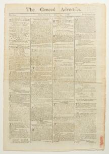 &lsquo;The General Advertiser&rsquo; 1788. Early original four page broadsheet newspaper for Friday 25th July 1788. Printed by J. Almon of Fleet Street, London. Page 3 column three features an article describing &lsquo;The Match of Cricket- the Hampshire Club against All E
