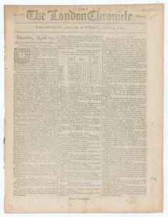 &lsquo;The London Chronicle&rsquo; 1789. Early original eight page newspaper/ magazine for Saturday 11th April to Tuesday 14th April 1789. Sold by T. Wilkie, St. Paul&rsquo;s Churchyard, London. Column 2 of the final page features an eight line article, &lsquo;We are informed, t