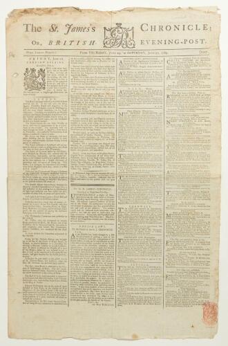 &lsquo;The St. James&rsquo;s Chronicle or British Evening Post&rsquo; 1789. Early original four page broadsheet newspaper for Thursday 25th June to Saturday 27th June 1789. Printed by H. Baldwin at the Britannia Printing Office, Blackfriars, London. Column 3 of the final p