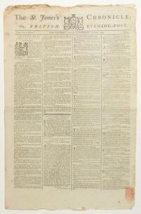&lsquo;The St. James&rsquo;s Chronicle or British Evening Post&rsquo; 1789. Early original four page broadsheet newspaper for Thursday 25th June to Saturday 27th June 1789. Printed by H. Baldwin at the Britannia Printing Office, Blackfriars, London. Column 3 of the final p