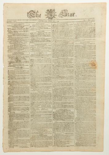 &lsquo;The Star&rsquo; 1793. Early original four page broadsheet newspaper for Saturday 27th July 1793. Printed by J. Mayne, Temple Bar, London. Page 4 column 2 features a five line report and scorecard for the match between Surrey and Hampshire. &lsquo;On Monday last and 