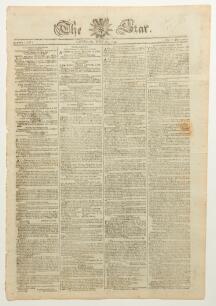 &lsquo;The Star&rsquo; 1793. Early original four page broadsheet newspaper for Saturday 27th July 1793. Printed by J. Mayne, Temple Bar, London. Page 4 column 2 features a five line report and scorecard for the match between Surrey and Hampshire. &lsquo;On Monday last and 