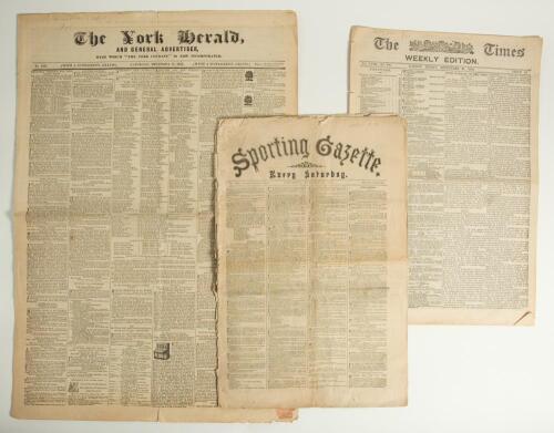 Cricket reports in newspapers 1853-1894. Three original and complete copies of newspapers. &lsquo;The York Herald&rsquo;, 1651Saturday 10th December 1853. p6 columns 3-5 carries a lengthy report on the &lsquo;Annual Dinner of the York Cricket Club&rsquo;. Duty stamp to lower rig
