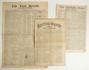 Cricket reports in newspapers 1853-1894. Three original and complete copies of newspapers. &lsquo;The York Herald&rsquo;, 1651Saturday 10th December 1853. p6 columns 3-5 carries a lengthy report on the &lsquo;Annual Dinner of the York Cricket Club&rsquo;. Duty stamp to lower rig