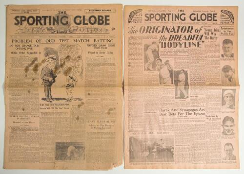 &lsquo;Bodyline&rsquo;. M.C.C. tour to Australia 1932/33. Two original and complete copies of &lsquo;The Sporting Globe&rsquo; newspaper published by the Herald and Weekly Times, Melbourne, for Wednesday 14th December 1932 and Wednesday 25th September 1935. The front page of the