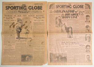&lsquo;Bodyline&rsquo;. M.C.C. tour to Australia 1932/33. Two original and complete copies of &lsquo;The Sporting Globe&rsquo; newspaper published by the Herald and Weekly Times, Melbourne, for Wednesday 14th December 1932 and Wednesday 25th September 1935. The front page of the