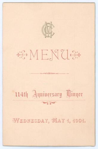 M.C.C. &lsquo;114th Anniversary Dinner&rsquo; 1901. Excellent official menu for the M.C.C. Dinner held at Lord&rsquo;s Hotel on the 1st May 1901. The four page card menu with decorative front cover showing the M.C.C. emblem to centre in black and titles in red. Menu, wines