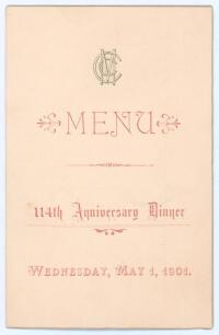 M.C.C. &lsquo;114th Anniversary Dinner&rsquo; 1901. Excellent official menu for the M.C.C. Dinner held at Lord&rsquo;s Hotel on the 1st May 1901. The four page card menu with decorative front cover showing the M.C.C. emblem to centre in black and titles in red. Menu, wines