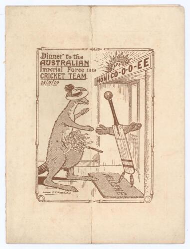 &lsquo;Dinner to the Australian Imperial Force 1919 Cricket Team&rsquo;. Original folding menu for the end of tour Dinner held at the Cafe Monico, London, on the 15th September 1919. The Dinner was organised by John Wisden & Co. to celebrate the tour. The menu with a
