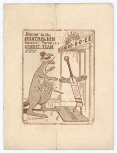 &lsquo;Dinner to the Australian Imperial Force 1919 Cricket Team&rsquo;. Original folding menu for the end of tour Dinner held at the Cafe Monico, London, on the 15th September 1919. The Dinner was organised by John Wisden & Co. to celebrate the tour. The menu with a