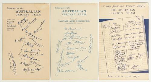 Australia tours to England 1934, 1938 & 1948. Three double sided menu cards from the Maynard Arms, Grindleford, each with blank menu with hotel emblem to one side and, to the verso, printed facsimile signatures of the Australian touring parties. The menus