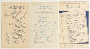 Australia tours to England 1934, 1938 & 1948. Three double sided menu cards from the Maynard Arms, Grindleford, each with blank menu with hotel emblem to one side and, to the verso, printed facsimile signatures of the Australian touring parties. The menus