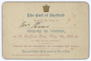 Robert Arthur Thoms, Umpire. &lsquo;Earl of Sheffield&rsquo;s XI v Australians 1893&rsquo;. Rare original invitation card, &lsquo;The Earl of Sheffield requests the Honor of Mr Thoms company to Luncheon at Sheffield Park, May 9th 1893 at two o&rsquo;clock precisely. Ticket to be prese