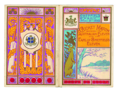 Australian tour of England 1893. Earl of Sheffield&rsquo;s XI v Australians 1893. Excellent original folding menu card for the Luncheon given by Lord Sheffield on the 9th May 1893 during the match played at Sheffield Park, Uckfield from the 8th-10th May 1893. T