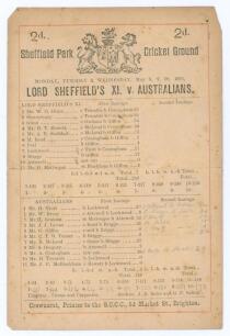 Australia tour to England 1893. &lsquo;Lord Sheffield&rsquo;s XI. v Australians&rsquo;. Early original single sided scorecard with printed and handwritten scores in pencil for the match played at Sheffield Park, Uckfield, 8th- 10th May 1893. In the opening match of the 189