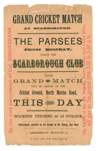 Scarborough Cricket Club v The Parsees (Bombay, India) 1888. Early and original handbill for the match played at the Cricket Ground, North Marine Road, Scarborough on the 27th August 1888. Title &lsquo;Grand Cricket Match at Scarborough&rsquo; to top border and below