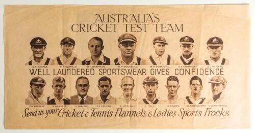 Australia tour of England 1934. Original advertising laundry sheet featuring head and shoulders images of the sixteen members of the Australian touring party. Title &lsquo;Australia&rsquo;s Cricket Test Team. Well laundered sportswear gives confidence. Send us your c