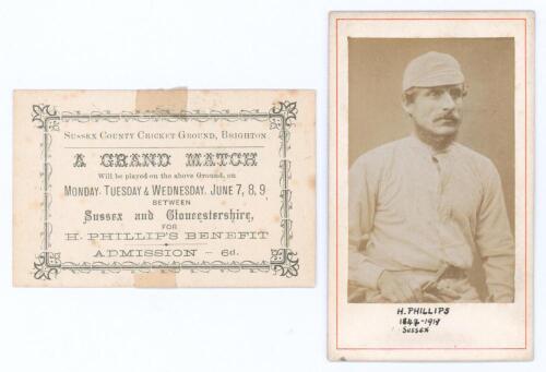 Henry Phillips. Sussex 1868-1891. &lsquo;H. Phillips&rsquo; Benefit&rsquo; 1886. Small original admission ticket for Phillips&rsquo; benefit match, Sussex v Gloucestershire at Hove 7th- 9th June 1886. Annotation in ink to verso, &lsquo;1886. Match Receipts &pound;356.17.0 (this included &pound;