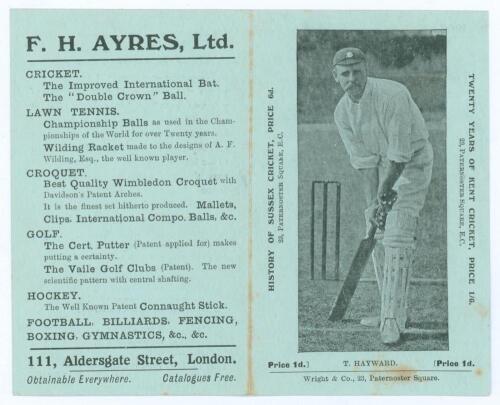 Tom Hayward. Surrey C.C.C. Penny card written by A.C. Albert Craig &lsquo;Cricket Poet and Rhymester&rsquo;, and published by Wright & Co, 23 Paternoster Square. 1906. Image of Hayward batting to front cover. Very minor foxing otherwise in good/very good condition