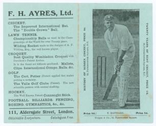 Tom Hayward. Surrey C.C.C. Penny card written by A.C. Albert Craig &lsquo;Cricket Poet and Rhymester&rsquo;, and published by Wright & Co, 23 Paternoster Square. 1906. Image of Hayward batting to front cover. Very minor foxing otherwise in good/very good condition