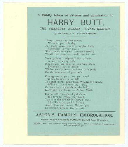 Albert Craig. &lsquo;Cricket Rhymester&rsquo; c.1900s. Original single page broadsheet of a poem in four six-line stanzas by Craig titled &lsquo;A kindly token of esteem and admiration to Harry Butt, the fearless Sussex wicket-keeper&rsquo;. The page, with light horizontal and v