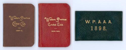 South African cricket membership tickets 1897-1901. Two original Western Province Cricket Club membership card/ fixture list booklet for seasons 1897/98 and 1900/01, leather covers with gilt title. Sold with a similar membership booklet for the Western Pr