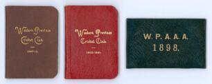 South African cricket membership tickets 1897-1901. Two original Western Province Cricket Club membership card/ fixture list booklet for seasons 1897/98 and 1900/01, leather covers with gilt title. Sold with a similar membership booklet for the Western Pr