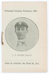 &lsquo;Principal Cricket Fixtures 1910&rsquo;. Original fixture card published by John H. Puttick (Sports Hosier Outfitters) of Fleet Street, London, featuring a portrait of Jack Hobbs to the front cover. Minor rusting to staple otherwise in good/ very good condition