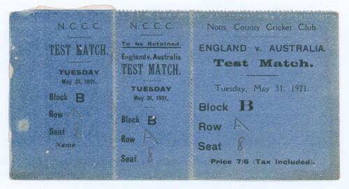 England v Australia 1921. Official complete admission ticket for the third day of the first Test match played at Trent Bridge, Nottingham on May 31st 1921. The blue ticket in three joined sections was never used as the Test match only lasted for the first