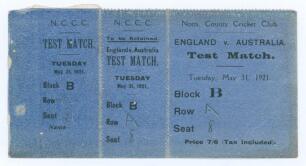 England v Australia 1921. Official complete admission ticket for the third day of the first Test match played at Trent Bridge, Nottingham on May 31st 1921. The blue ticket in three joined sections was never used as the Test match only lasted for the first