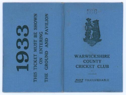 Warwickshire C.C.C. 1933. Original folding membership/ fixture card for the 1933 season issued to a &lsquo;J.R. Hetherington&rsquo;, no. 566. The card with blue cloth covers and printed titles. Very good condition.