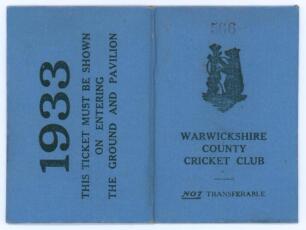 Warwickshire C.C.C. 1933. Original folding membership/ fixture card for the 1933 season issued to a &lsquo;J.R. Hetherington&rsquo;, no. 566. The card with blue cloth covers and printed titles. Very good condition.