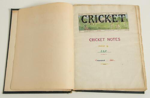 Cricket scrapbook 1880s/1890s. Early original scrapbook collected by &lsquo;J.A.C&rsquo;. comprising a selection of cuttings, photographs, fixture cards etc. including a good number of magazine article extracts covering County Championship match reports and statistic