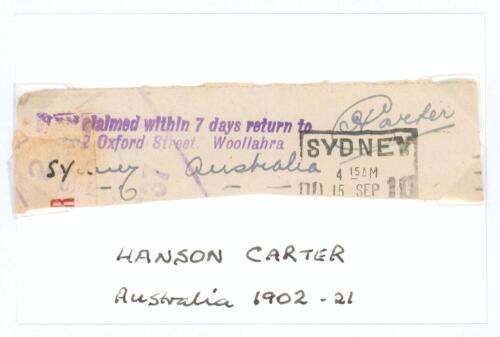 Hanson &lsquo;Sammy&rsquo; Carter. New South Wales & Australia 1897-1925. Signature in ink of Carter to top corner of a fragment of an envelope loose mounted to small white card. The signature partially overprinted by a Sydney postmark, otherwise in good condition.
