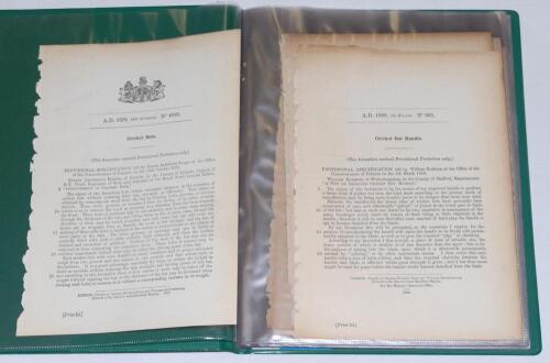 Original Patents. Two green folders containing original cricket patents for cricket bats. The first &lsquo;Cricket Bats 1876-1885&rsquo; and the second &lsquo;Cricket Bats 1886-1895&rsquo; comprising forty eight original printed &lsquo;Provisional Specification&rsquo; patent documents. all 